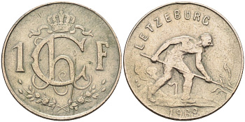 Люксембург 1 франк 1962 сталевар KM 46.2 медно-никель 4584-456