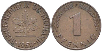 ФРГ 1 ПФЕННИГ 1950 F KM 105, J. 380 сталь плакированная медью 116-352