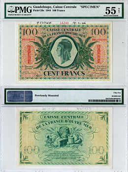Гваделупа 100 франков 1944 SPECIMEN - образец в слабе PMG 55 (about Uncirculated). Свобода, товары торговли Pick 29 s  бумага  aUNC 452-3-26