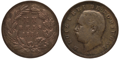 Португалия 20 рейс 1884 Луиш (Людовик) I (1861-1889) KM 527 бронза    1530-1132