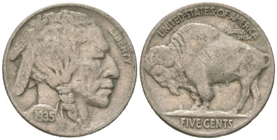 США 5 центов 1935 индеец, бизон KM 134 медно-никель 4614-1148