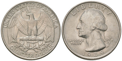 США 25 центов = квотер 1989 P, Вашингтон KM 164a медь плакированная медно-никелем 4595-1123