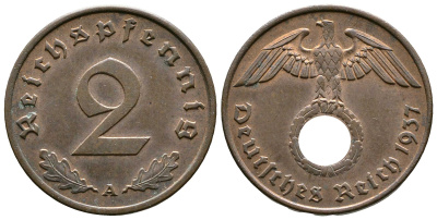 Германия 2 рейхспфеннига 1937 A KM 90, J. 362 бронза 176-436