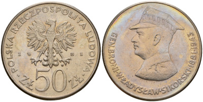 Польша 50 злотых 1981 MW, Военачальники Второй мировой войны - Владислав Сикорский Y 122 медно-никель UNC 81-645