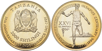 Танзания 2000 шиллингов 1996 XXVI Олимпийские игры 1996 года в Атланте, 100 лет Олимпийскому движению, финиш пробник, рубчатый гурт медно-никель PROOF 06-156-41