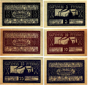 НАХТЕРШТЕДТ НАБОР ИЗ 3 БАНКНОТ, 5, 10, 25 ПФЕННИГОА 1921 НОТГЕЛЬД, 1 ИЮНЯ 1921, ЗЕМЛЯ САКСОНИЯ-АНХАЛЬТ Grabowski 922.1 бумага 6318-48-2-2