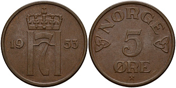 Норвегия 5 эре 1953 Хокон VII (1906 - 1957) KM 400 бронза 4156-246