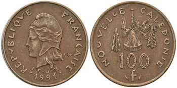 Французская Новая Каледония 100 франков 1991 хижина среди сосен и пальм, (IEOM) KM 15, Schoen 16, Lec 136 никель латунь 4140-533