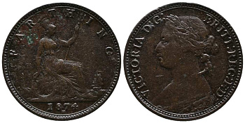 Великобритания 1 фартинг 1874 Н, Виктория (1837-1901) KM 753, Spink 3959 бронза 1518-643
