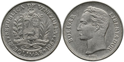 Венесуэла 1 боливар 1967 Симон Боливар KM 42 никель 3336-255