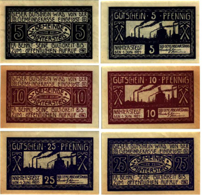 НАХТЕРШТЕДТ НАБОР ИЗ 3 БАНКНОТ, 5, 10, 25 ПФЕННИГОА 1921 НОТГЕЛЬД, 1 ИЮНЯ 1921, ЗЕМЛЯ САКСОНИЯ-АНХАЛЬТ Grabowski 922.1 бумага 6318-48-2-2