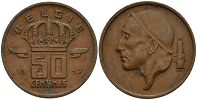 Бельгия 50 сантимов 1957 Belgie, Бодуэн I (1951-1993) KM 149.1 бронза 4154-1054