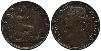 Великобритания 1 фартинг 1874 Н, Виктория (1837-1901) KM 753, Spink 3959 бронза 1518-643