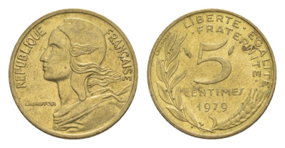 Франция 5 сантимов 1979 тип Morlon KM 933, Le Franc 125.15 алюминиевая бронза UNC 4630-334