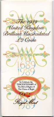 Великобритания набор из 2 монет по 2 доллара 1989 300 лет Биллю о правах, 300 лет Праву престолонаследования, в оригинальном картонном буклете KM 960, 961, Spink никель латунь BUNC 5-4-4-31