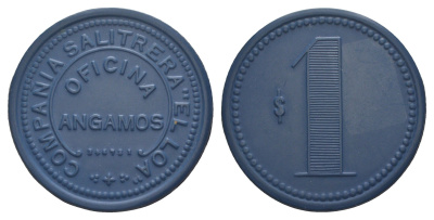 Чили, Ангамос (Angamos), Антофагаста шахтерский жетон с Селитряного рудника для покупки в местных магазинах, номиналом в 1 песо 1880-1920 диаметр 40 мм, вес 5,53 гр Espinosa 15.4 эбонит (синий) 1094-11-13