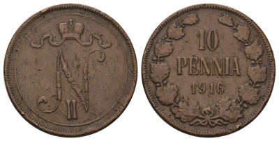 Россия для Финляндии 10 пенни 1916 Николай II (1894-1917) Биткин 439 медь 4590-1041