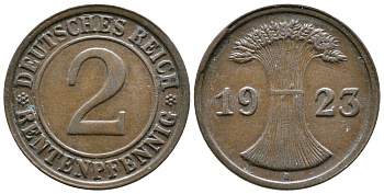 ГЕРМАНИЯ 2 РЕНТЕНПФЕННИГА 1923 D KM 31, J. 307 бронза 73-1052