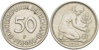 ФРГ 50 ПФЕННИГОВ 1974 F KM 109.1, J. 384а медно-никель 175-144