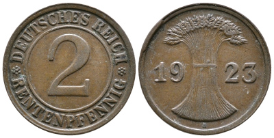 ГЕРМАНИЯ 2 РЕНТЕНПФЕННИГА 1923 D KM 31, J. 307 бронза 73-1052