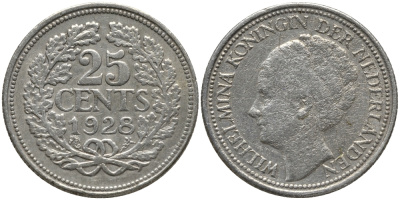 Нидерланды 25 центов 1928 Вильгельмина (1890-1948) KM 164 серебро 4387-918