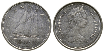 Канада 10 центов 1981 Елизавета II (1952-2022), парусник KM 77.2 никель 179-1052