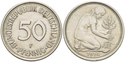 ФРГ 50 ПФЕННИГОВ 1974 F KM 109.1, J. 384а медно-никель 175-144