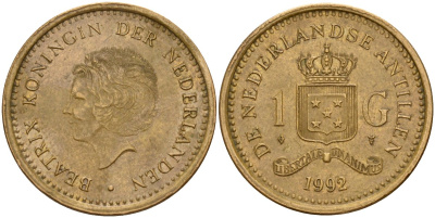 Нидерландские Антилы 1 гульден 1992 Беатрикс (1980-2013) KM 37 сталь плакированная бронзой 4167-736