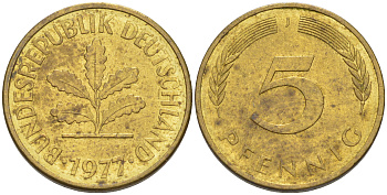 ФРГ 5 пфеннигов 1977 J KM 107, J. 382 сталь плакированная латунью 4514-941