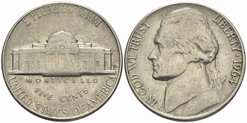 США 5 ЦЕНТОВ 1964 ДЖЕФФЕРСОН KM А192 медно-никель 4364-1527
