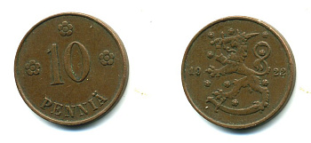 Финляндия 10 пенни 1922 республика (1918-1962) KM 24 медь 46-656