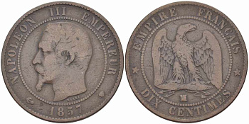 ФРАНЦИЯ 10 САНТИМОВ 1857 MA, НАПОЛЕОН III (1852-1870) KM 771.6, LE FRANC 133.43 бронза 38-1241