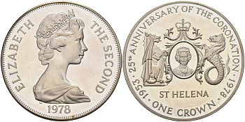 Остров Святой Елены 1 крона 1978 PM, 25 лет коронации Королевы Елизаветы II KM 7а серебро PROOF 04-327-35