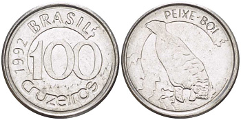 БРАЗИЛИЯ 100 КРУЗЕЙРО 1992 РЕФОРМА 1990-1993, ЛАМАНТИН KM 623 нержавеющая сталь 4387-1015