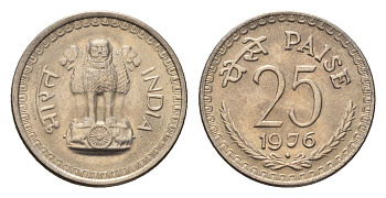 Индия 25 пайс 1976 KM 49.1 медно-никель UNC 4675-552