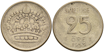 Швеция 25 эре 1953 TS, Густав VI Адольф (1950-1973) KM 824 серебро 4564-119