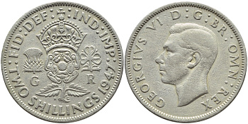 Великобритания 2 шиллинга (флорин) 1947 Георг VI (1936-1952) KM 865, Spink 4102 медно-никель 4394-1031