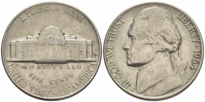 США 5 ЦЕНТОВ 1964 ДЖЕФФЕРСОН KM А192 медно-никель 4364-1527