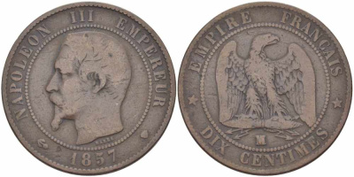 Франция 10 сантимов 1857 MA, Наполеон  III (1852-1870) KM 771.6, Le Franc 133.43 бронза    4680-641