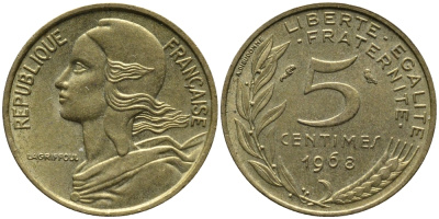 ФРАНЦИЯ 5 САНТИМОВ 1968 ТИП MARIANNE KM 933, LE FRANC 125.4 алюминиевая бронза 176-632