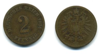 ГЕРМАНИЯ 2 ПФЕННИГА 1874 G, СТАРОГЕРБОВКА KM 2, J.2 медь 54-333