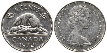 КАНАДА 5 ЦЕНТОВ 1972 БОБЕР, ЕЛИЗАВЕТА II KM 60.1 никель 4364-132