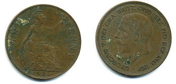 Великобритания 1 пенни 1931 Георг V (1910-1936) КМ 838, Spink 4055 бронза 41-1125