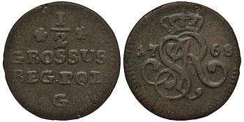 Польша 1/2 гроша (полугрош) 1768 G, Станислав Август Понятовский (1764-1795), вес 1,96 гр. KM 175.1 (С34) медь 1516-1222