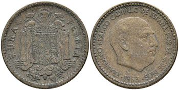 ИСПАНИЯ 1 ПЕСЕТА 1953 ФРАНСИСКО ФРАНКО ДИКТАТОР ИСПАНИИ (1939-1975) KM 775 алюминиевая бронза 110-1134