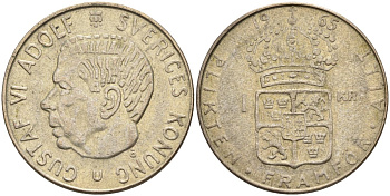 Швеция 1 крона 1964 U, Густав VI Адольф (1950-1973) KM 826 серебро 4592-214