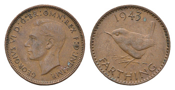Великобритания 1 фартинг 1943 Георг VI (1936-1952) KM 843, Spink 4116 бронза 4664-342