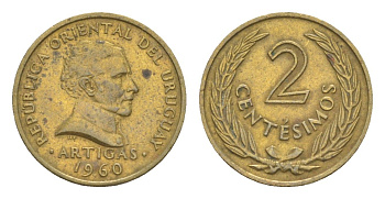 Уругвай 2 сентесимо 1960 KM 37 никель латунь 4643-769