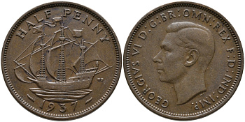 Великобритания 1/2 пенни 1937 Георг VI (1936-1952) KM 844, Spink 4115 бронза 54-2245