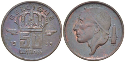 БЕЛЬГИЯ 50 САНТИМОВ 1959 BELGIQUE, БОДУЭН I (1951-1993) KM 148.1 бронза 116-1017